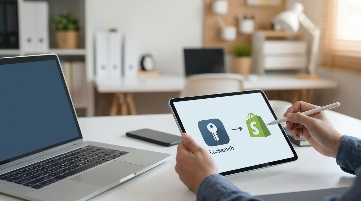 Step-by-step guide images for setting up Locksmith on a Shopify store