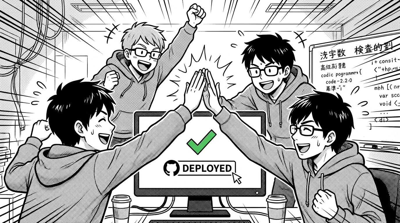 a group of diverse programmers celebrating successful deployment of their project using GitHub, Japanese manga style, bold ink lines, screen tone shading, dramatic and expressive