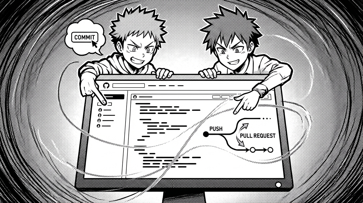 two characters collaborating over a complex codebase on GitHub, highlighting the commit, push, and pull request processes, Japanese manga style, bold ink lines, screen tone shading, dramatic and expressive