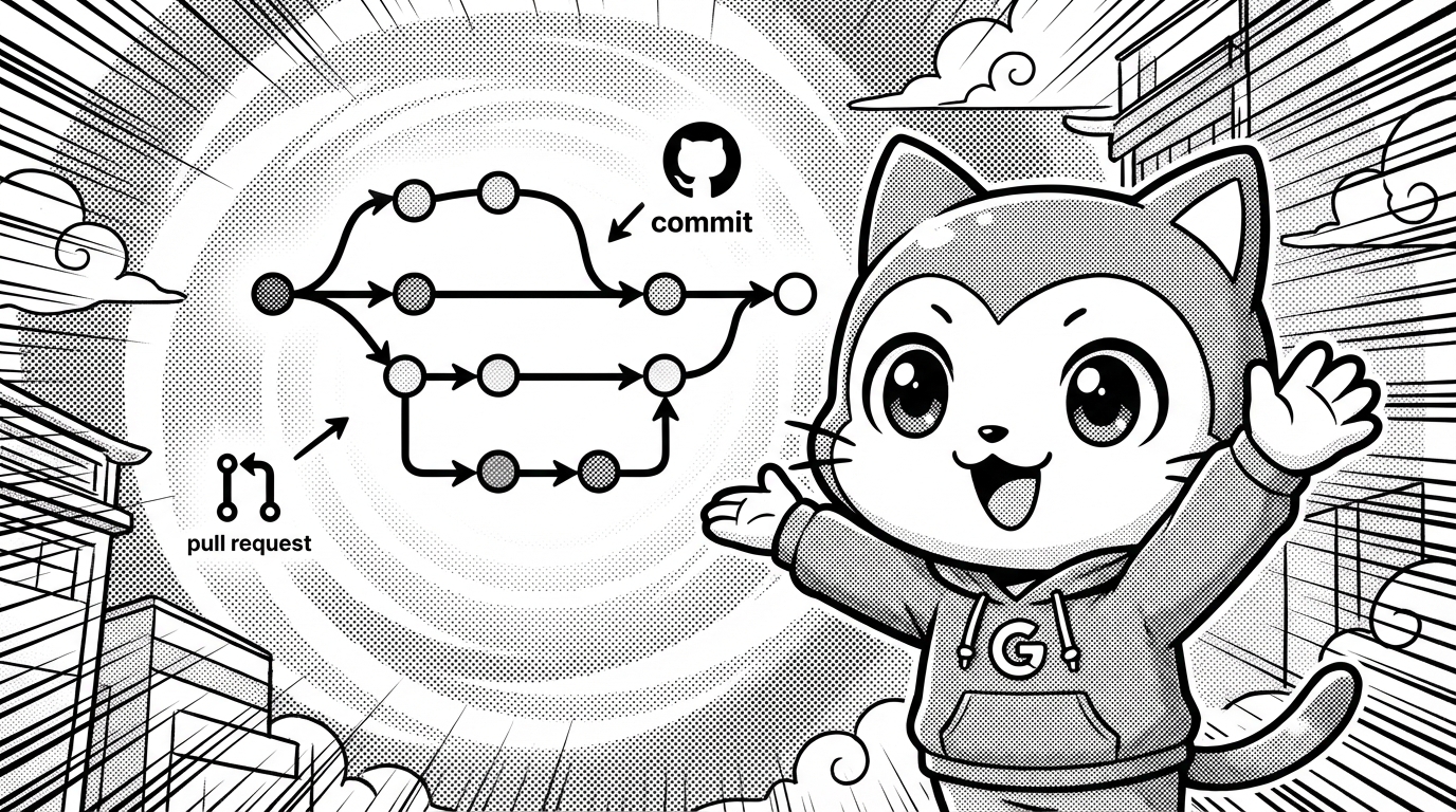a friendly and welcoming mascot character explaining what GitHub is, Japanese manga style, bold ink lines, screen tone shading, dramatic and expressive